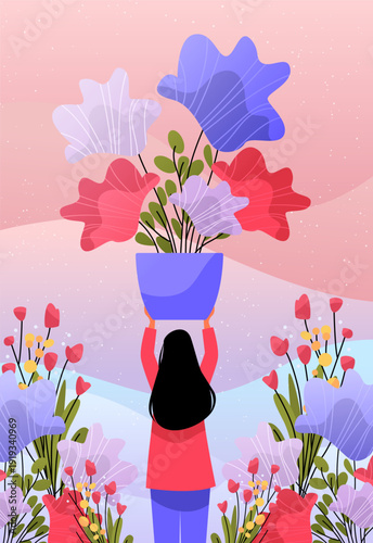 8 March womens day girl holding flowers bouquet celebrating spring holiday colorful floral background abstract landscape