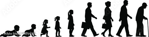 Black silhouette illustration showing stages of human life from infancy to old age, growth, aging, development, family, lifestyle, generational concept vector design