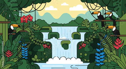 A lively vector illustration of a serene tropical rainforest landscape featuring a multi-tiered waterfall cascading amidst verdant foliage and