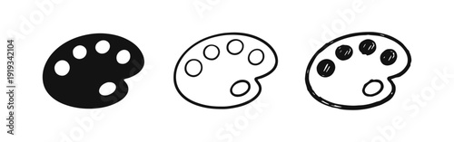 Artist's palette with paint spots icon set in solid, outline, and hand-drawn sketch styles for art, creativity, and painting.