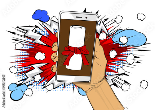 Cartoon Smartphone, comic book Telephone with Diploma, rolled paper with ribbon. Retro vector comics pop art design.