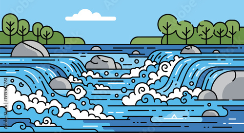 A captivating vector illustration showcasing a dynamic river scene with multiple cascading waterfalls, smooth grey boulders, and lush green trees