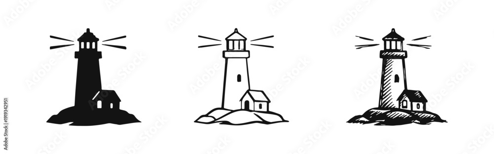Foto Lighthouse Icon Set with Light Beams