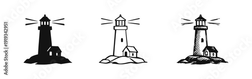 Lighthouse Icon Set with Light Beams. Hand-Drawn Nautical Beacon Tower Vector Illustrations for Coastal Navigation.