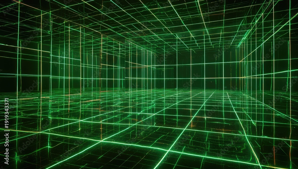 Obraz premium Neon green wireframe grid forms an infinite, dark digital space