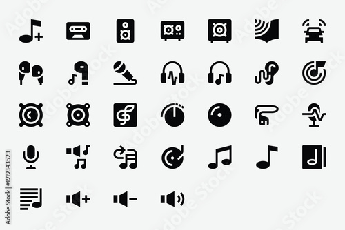 Music Solid Icon Set Audio Instruments and Media Glyph Collection