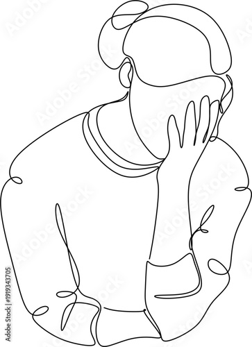 Continuous line drawing of young woman feeling sad, tired and worried about mental health, depression. Problems, failures and broken heart concept isolated on white background.
