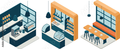 Isometric modern coffee shop interior with espresso bar counter seating stools and cafe equipment vector illustration set