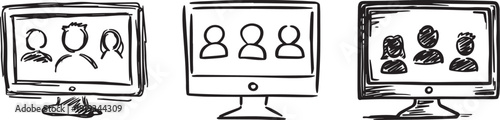 Vector illustration of computer monitors with people icons on screens, isolated on white background.