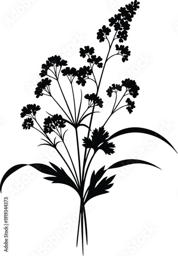 A delicate wildflower bouquet silhouette, featuring slender stems, small blossoms, and graceful leaves, a clean white background