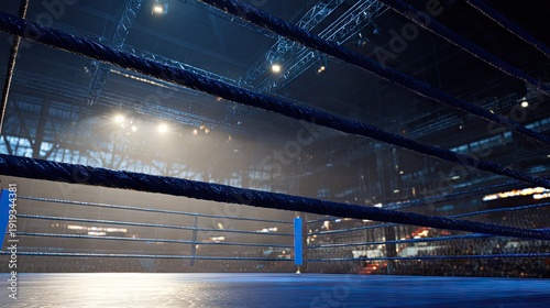 Empty illuminated fighting arena features thick blue ropes defining the competition space