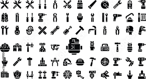 Icon set of construction tools, safety gear, and mechanical parts in black silhouette for engineering and DIY visuals