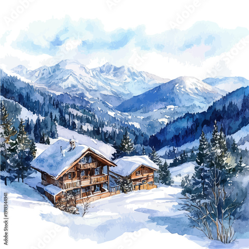 Winter Landscape, serene watercolor vector artwork with smooth washes of color and refined textures, isolated on a white background.