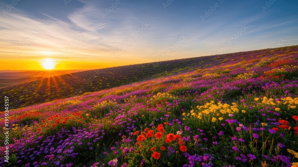 Obraz premium Golden hour illuminates a hillside covered in vibrant wildflowers