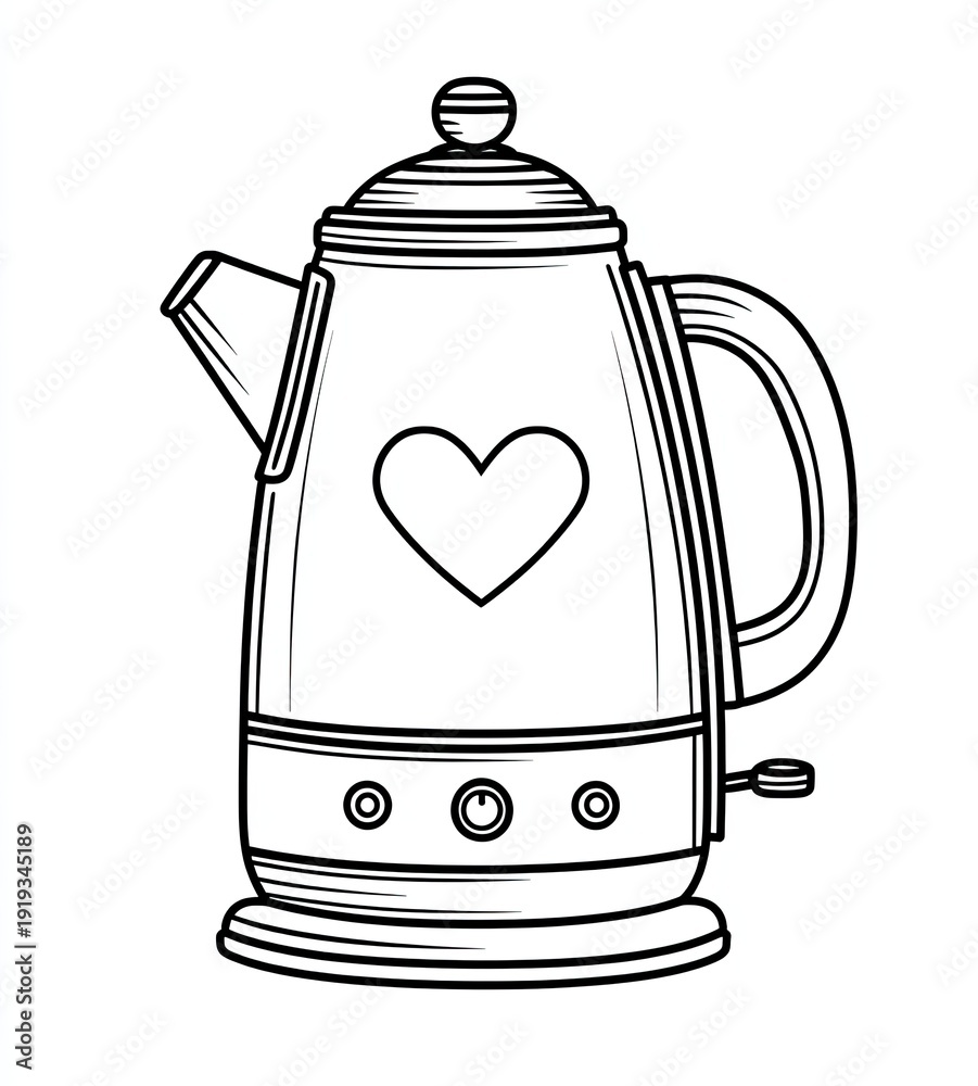 Obraz premium A black and white illustration of an electric kettle with a heart