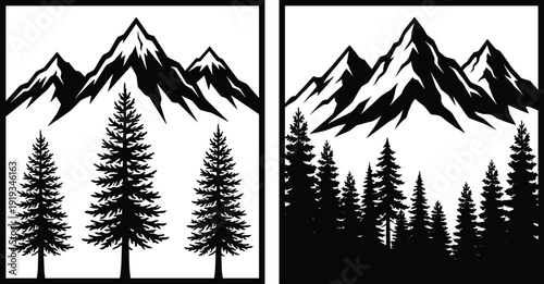 Mountain landscape silhouettes with pine forest, nature wilderness scenery illustration, alpine peaks, outdoor adventure travel, isolated black vector wall art