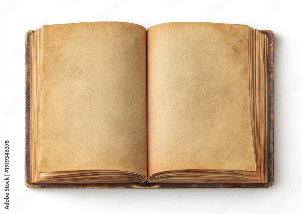 Fototapeta premium An open, antique-looking book with blank, aged pages on a white background