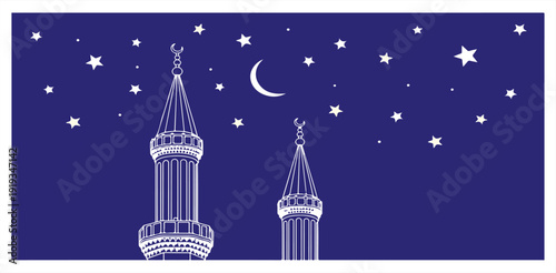 A serene nighttime scene featuring two mosque minarets under a starry sky with a crescent moon