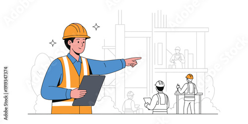 illustration of a construction foreman monitoring the building and the workers