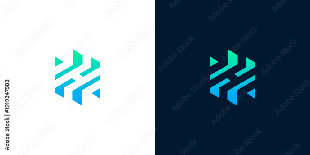 Obraz premium Abstract geometric logo design with gradient blue and green colors on white and dark backgrounds