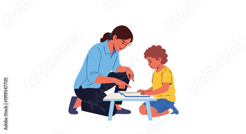 Mother and Child Playing with Blocks in Simple Flat Illustration Style with Bright Colors and White Background for Family