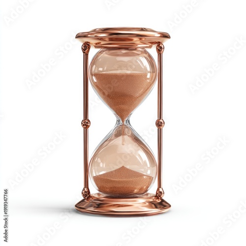 An hourglass with copper-colored frame holding sand, signifying the passage of time