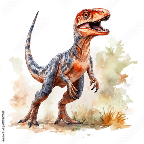 Velociraptor, serene watercolor vector artwork with smooth washes of color and refined textures, isolated on a white background.