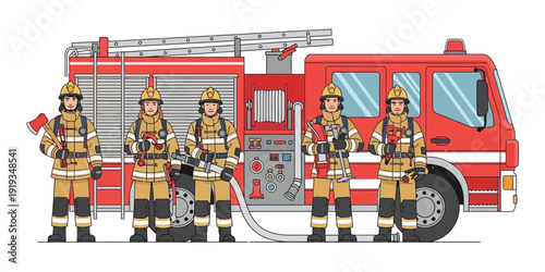 illustration of a group of firefighters with a fire truck in the background