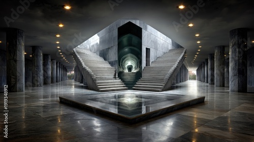 monumental symmetrical marble hall with twin staircases and central corridor, minimalist modern architecture with geometric precision, reflective floor and dramatic depth in cinematic light