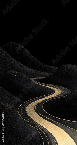 A golden road winds through textured black hills under a starless sky