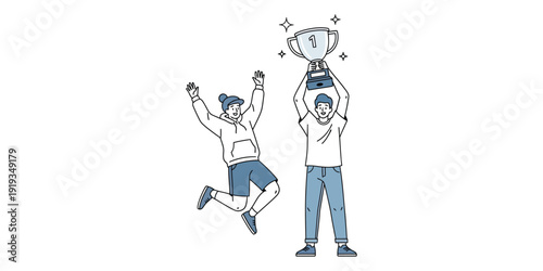 illustration of a group of people celebrating success by jumping and one of the people holding a trophy