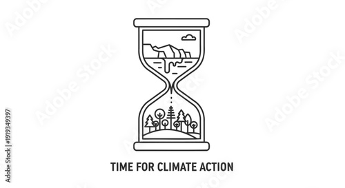 Climate change awareness icon with hourglass and nature, time for action. Includes eco, environment, sustainability, and conservation symbols. Created in line style with black and white palette.