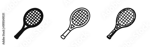 Tennis Racquet icons in solid, outline, and hand-drawn sketch styles, suitable for sports and game designs.