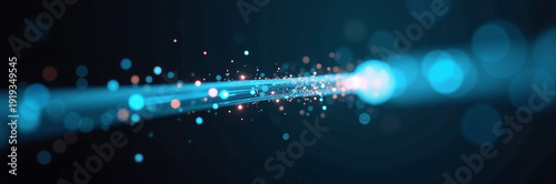 Light rays and sparkling particles creating an abstract visual of glowing energy. Bright light beams extend with colorful bokeh against a dark backdrop, showcasing a dynamic and vibrant atmosphere.