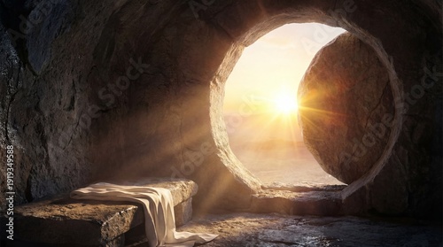 Empty tomb of Jesus Christ with bright sunrise light. Easter resurrection concept for Christian faith and new beginning.