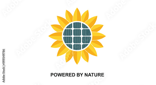 Eco friendly logo with solar panel and sunflower, powered by nature