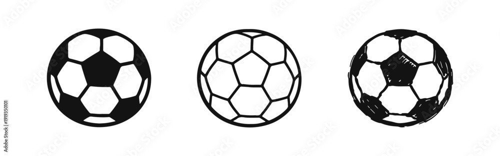 Fototapeta premium Soccer Ball icons in solid, outline, and hand-drawn sketch styles, perfect for football and sports designs.