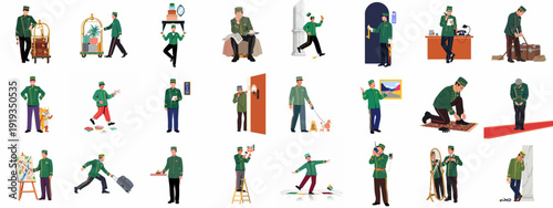 Bellhop and Hotel Porter Services: A Comprehensive Illustration Set Depicting Various Hospitality Tasks and Guest Interactions