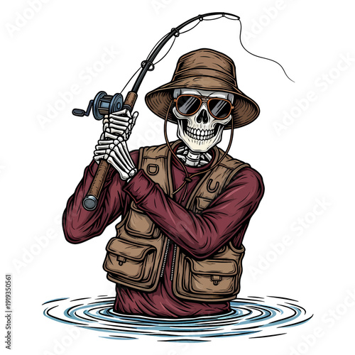 Skeleton fisherman in hat and vest fishing in water hand drawn vector illustration