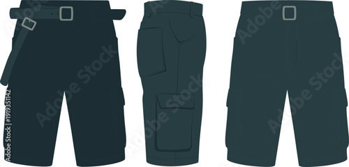 CAD flat vector illustration of men’s cargo shorts with belt, side flap pockets, back view, technical fashion design drawing