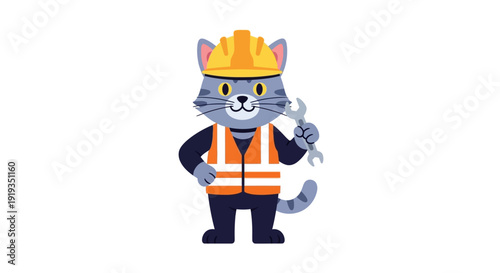 Cute cartoon cat dressed as a construction worker holding a wrench.