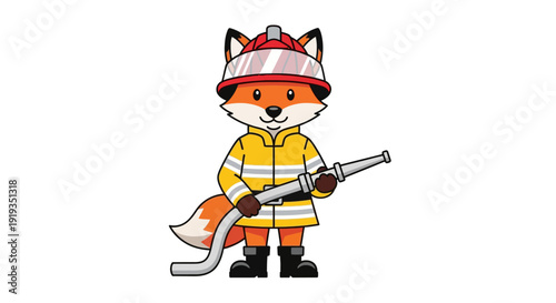 Cute cartoon fox dressed as a firefighter holding a hose.