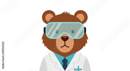 Illustration of a bear character dressed as a scientist wearing safety goggles and a lab coat.