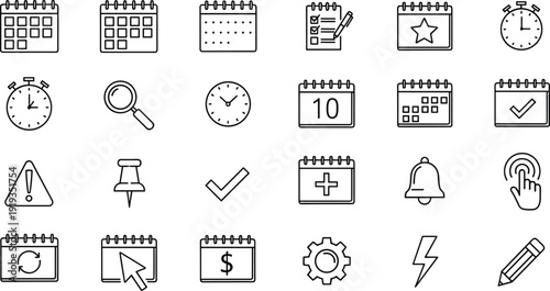 Calendar icons set, schedule, clock, stopwatch, checklist, reminder, alert, notification, time management, task planning, date, event, appointment, time tracking, organization