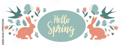 Hello Spring hand lettering with rabbits swallows butterflies tulips leaves and hearts in a balanced layout for Easter invitations gift tags packaging labels nursery decor posters and promotions