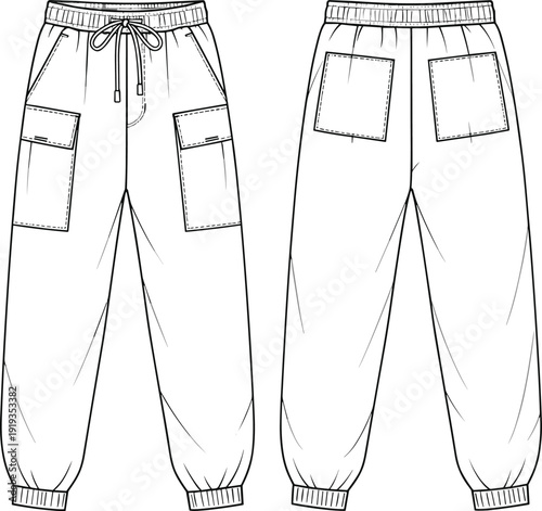 Cargo jogger pants fashion flat, technical sketch, vector line drawing, sewing pattern template, garment design, apparel illustration, cad drawing flat vector illustration
