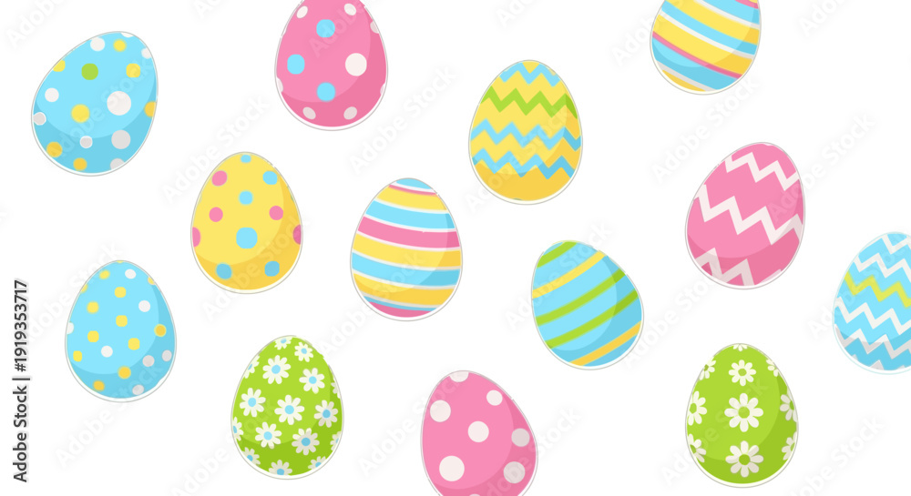 Fototapeta premium Whimsical Easter Eggs with Festive Patterns in Various Colors, Celebrating Springtime Joy and Holiday Cheer