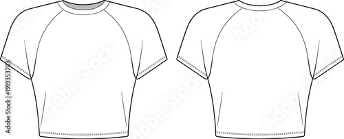 Short sleeve crop top technical fashion flat, front and back view illustration, trendy t-shirt apparel design template, summer clothing sketch, CAD drawing flat vector illustration