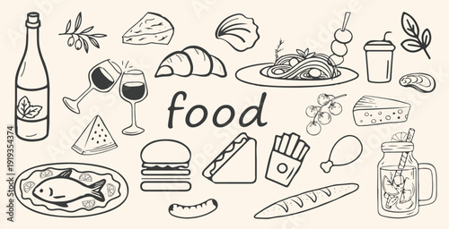 hand drawn  food and drinks art collection. doodle sketch meals in crayon style  .cheese .Italian food in doodle style art .vector illustration.