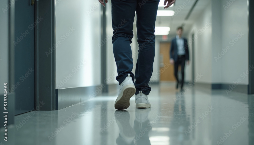 Obraz premium Professional man walking in corridor with polished floors, casual footwear and stylish pants. Modern workplace hallway reflects a productive atmosphere as individuals navigate office space.